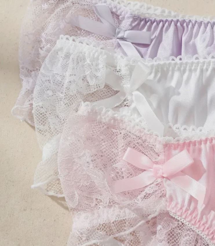 3 Pack Women's Satin Lace Knickers Size S UK 8 Pink White Lilac Bow Briefs