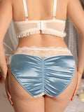 Blue Satin Knickers White Lace Bow Ruched Back Silky Panties size 4XL 24-26