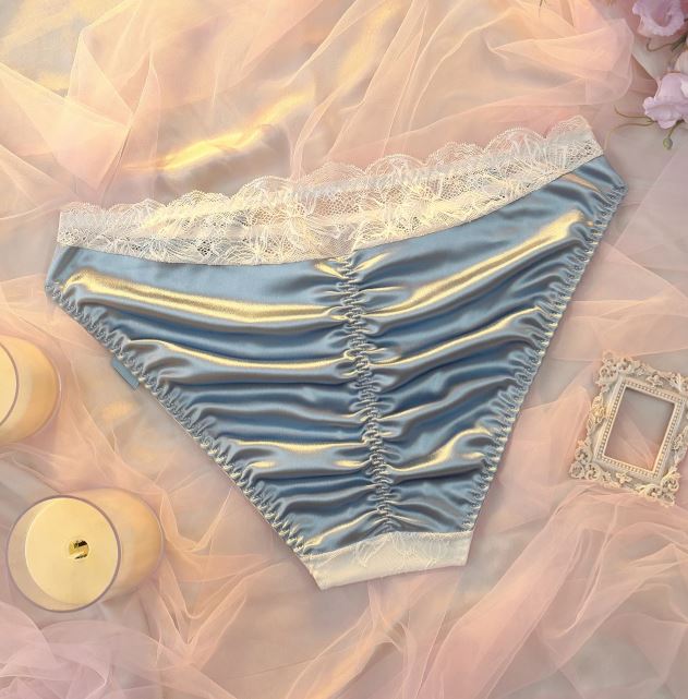 Blue Satin Knickers White Lace Bow Ruched Back Silky Panties size 4XL 24-26