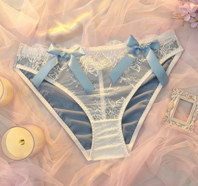Blue Satin Knickers White Lace Bow Ruched Back Silky Panties size 2XL 20