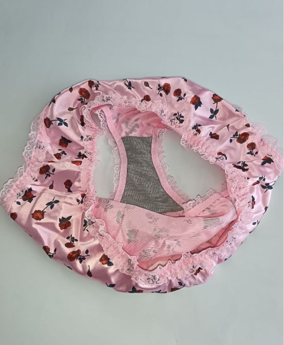 Pink Satin Knickers Red Rose Floral Silky Lace Frilly Panties SIZE L 12-14