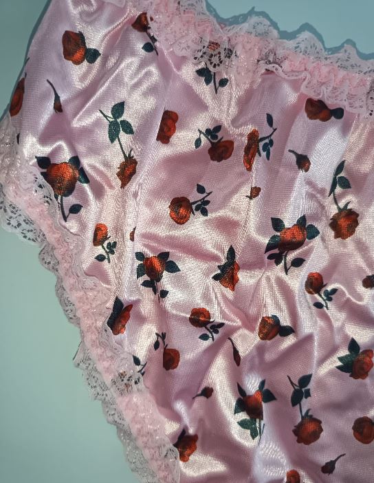 Pink Satin Knickers Red Rose Floral Silky Lace Frilly Briefs Panties SIZE M 10