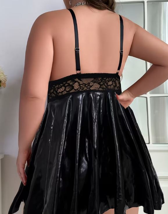 Sexy Black Lace Babydoll Lingerie Set 🖤 Plus Size Wet Look Nightwear Chemise & Thong 2PC 💋 size XL UK 16-18