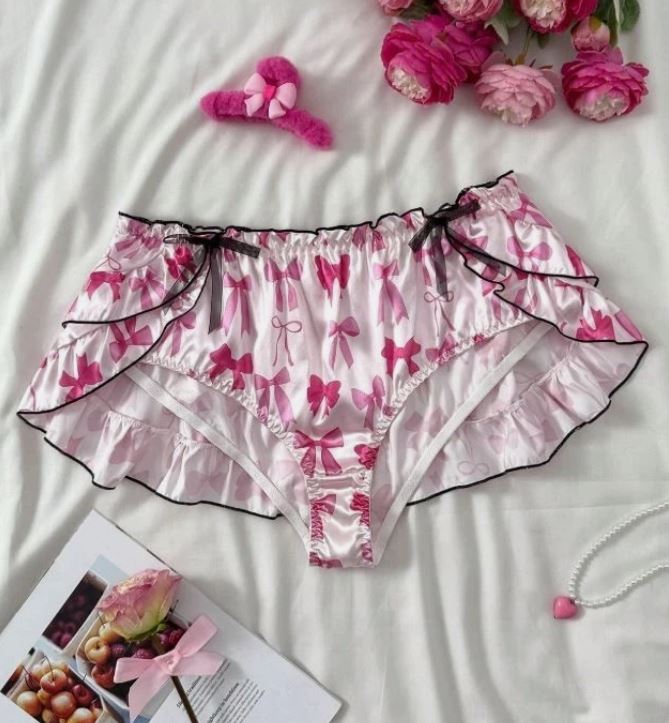 🎀 Pretty Pink Bow-Print Satin Frilly silky Knickers 🎀 plus size 16-18 XL