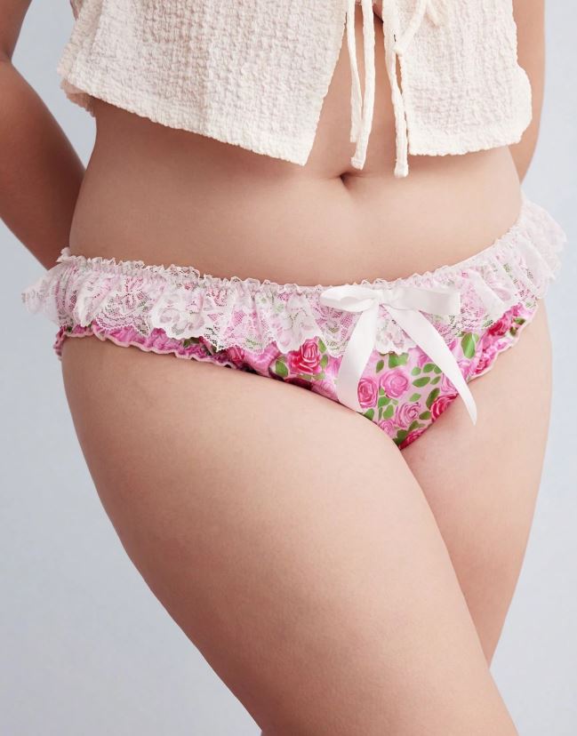 Pink Rose Satin Knickers Lace Frill Bow Silky Briefs Floral size 3XL 22