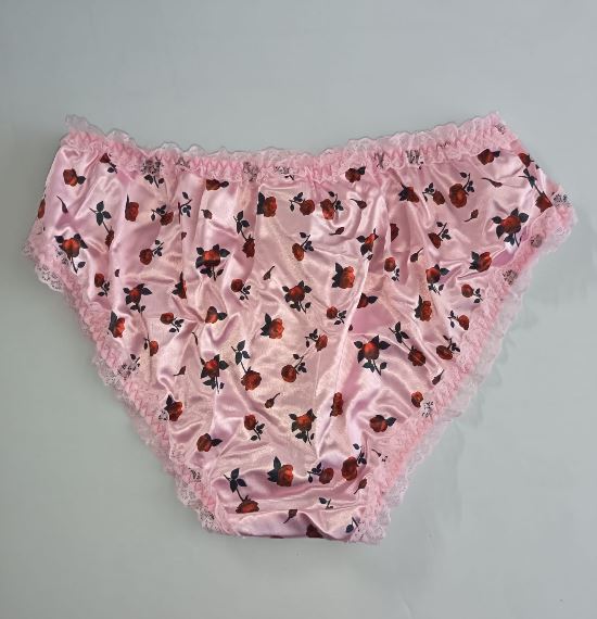 Pink Satin Knickers Red Rose Floral Silky Lace Frilly Panties SIZE L 12-14