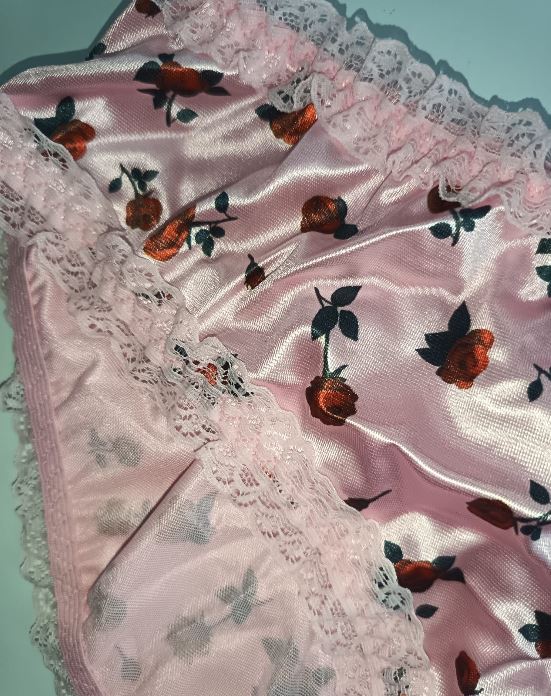 Pink Satin Knickers Red Rose Floral Silky Lace Frilly Panties SIZE XL 16-18
