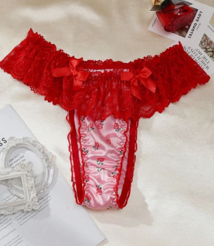 Pink Satin Floral Knickers Red Lace Frilly Ruffle Bow Panties size L 12-14