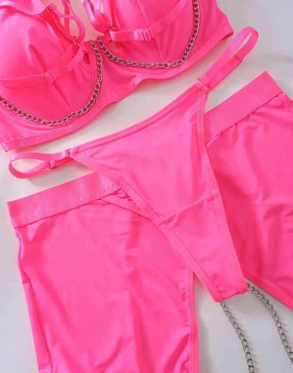 💖 Neon Pink Strappy Lingerie Set Bra Thong Garter Belt Chain Harness Size M 10