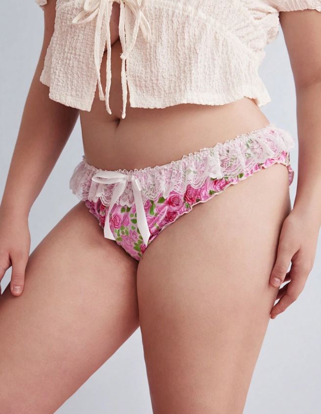 Pink Rose Satin Knickers Lace Frill Bow Silky Briefs Floral size 3XL 22