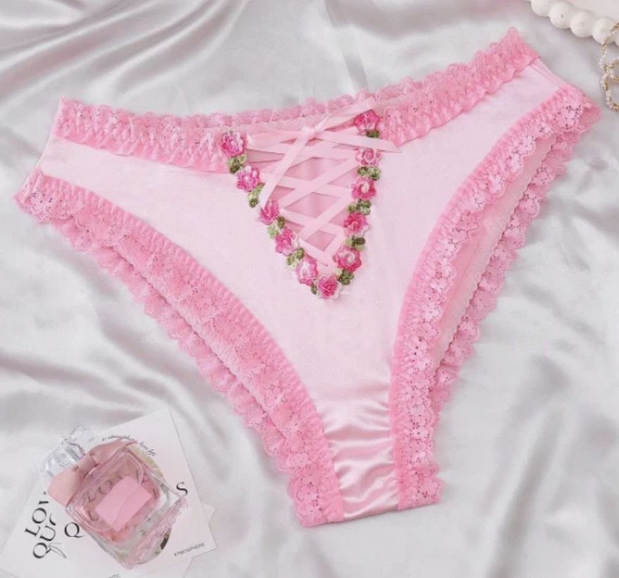 Women's Pink Lace Satin Floral Embroidered Bow Briefs Knickers size XL 16-18