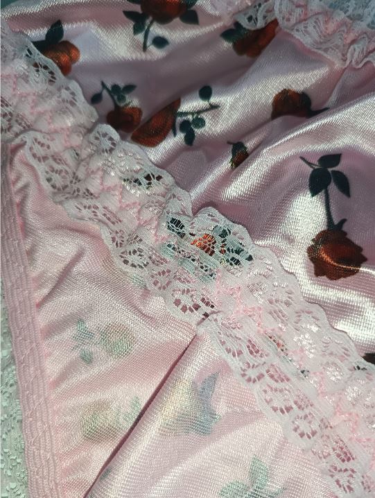 Pink Satin Knickers Red Rose Floral Silky Lace Frilly Briefs Panties SIZE M 10