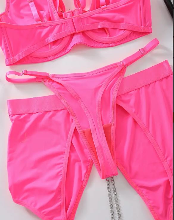 💖 Neon Pink Strappy Lingerie Set Bra Thong Garter Belt Chain Harness Size M 10