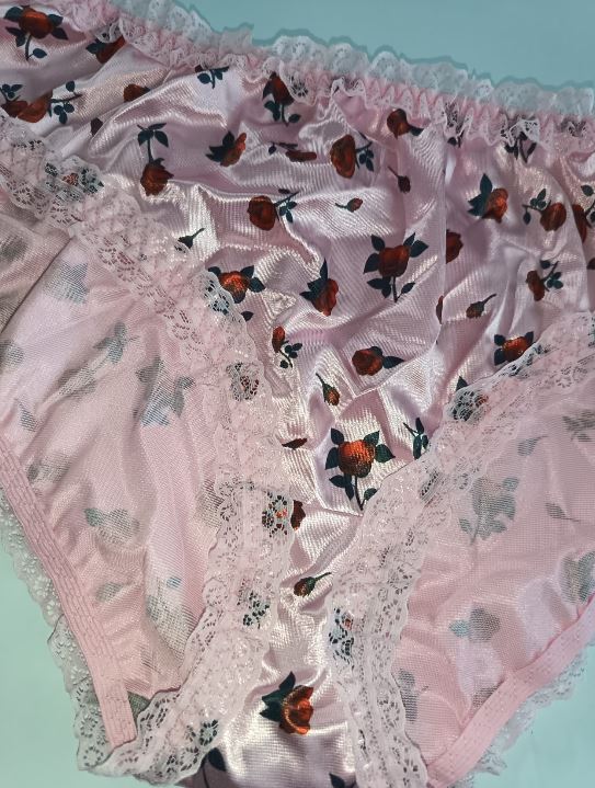 Pink Satin Knickers Red Rose Floral Silky Lace Frilly Briefs Panties SIZE M 10