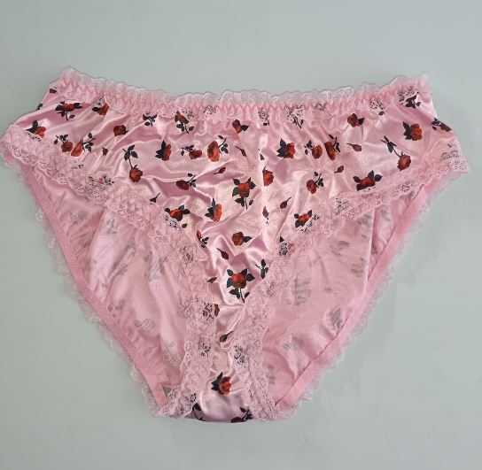 Pink Satin Knickers Red Rose Floral Silky Lace Frilly Panties SIZE L 12-14