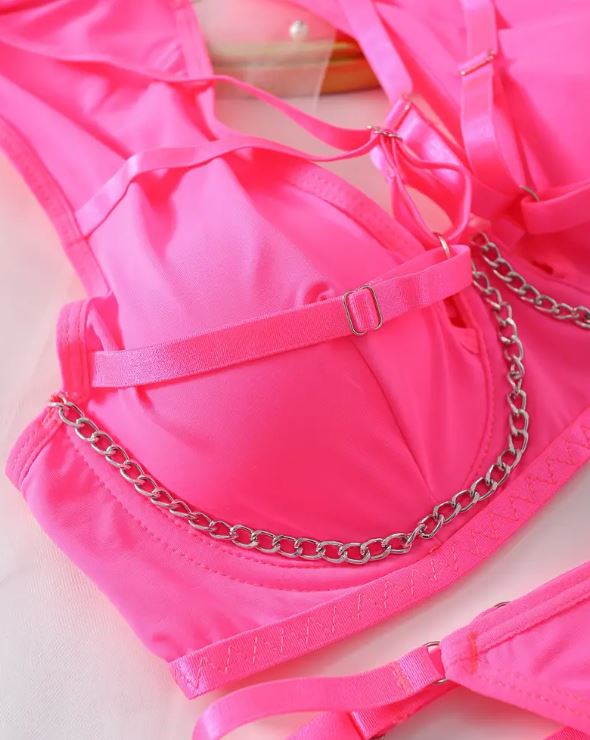 💖 Neon Pink Strappy Lingerie Set Bra Thong Garter Belt Chain Harness Size M 10