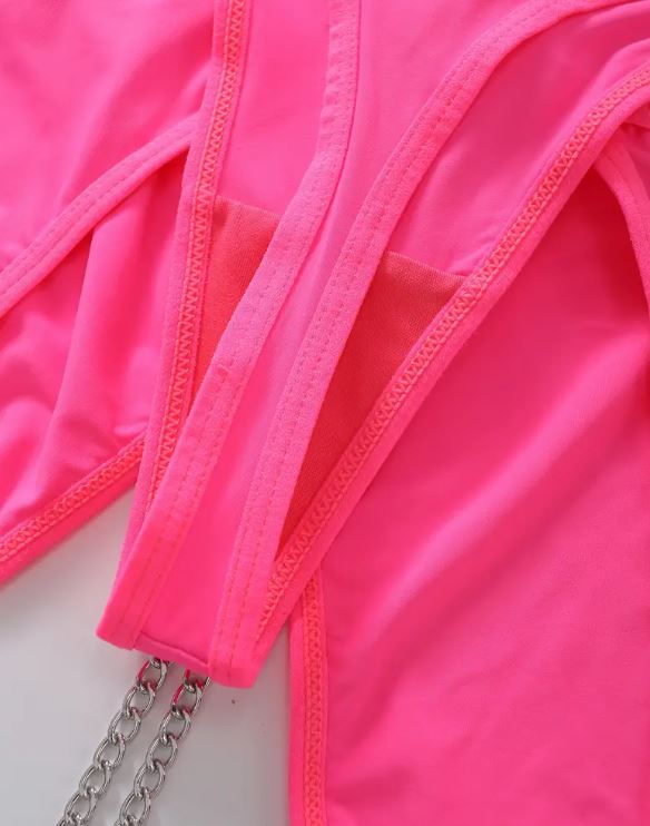 💖 Neon Pink Strappy Lingerie Set Bra Thong Garter Belt Chain Harness Size M 10