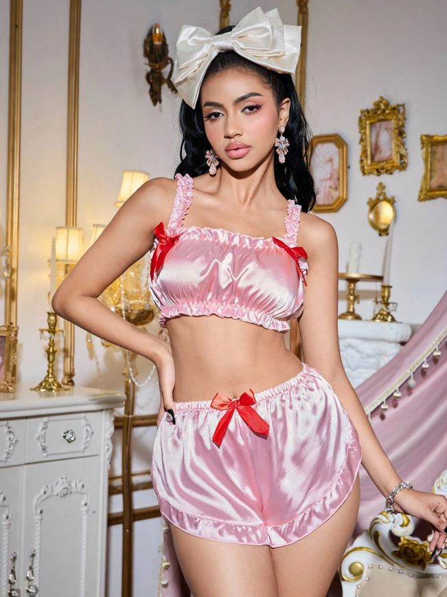 Pink Silky Satin PJ Set Cami Crop Top Shorts Red Bows Frilly size S 8