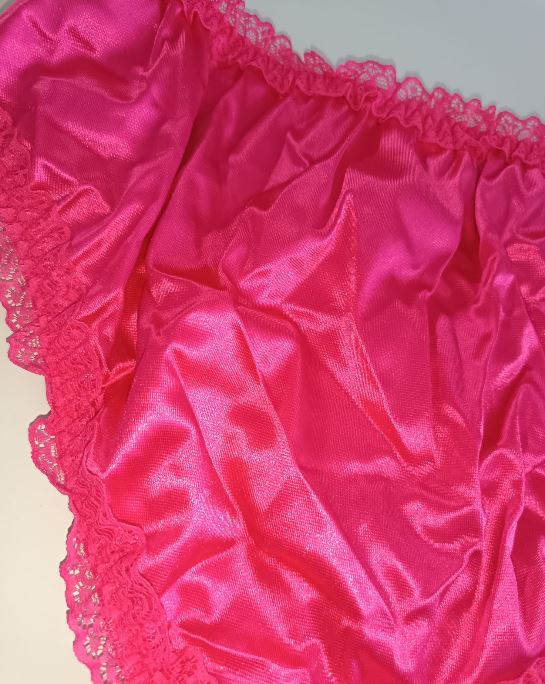 Hot Pink Satin Knickers Silky Lace Frilly High Cut Full Brief Panties size L 12-14