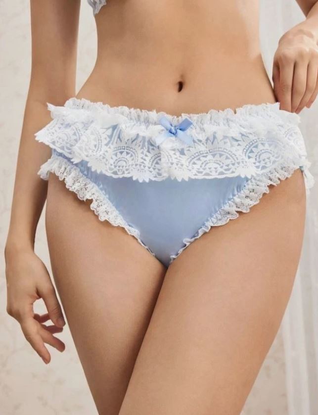 💙Women's Blue Frilly Lace Knickers Panties Briefs Lingerie Bow💙 size XL -16-18
