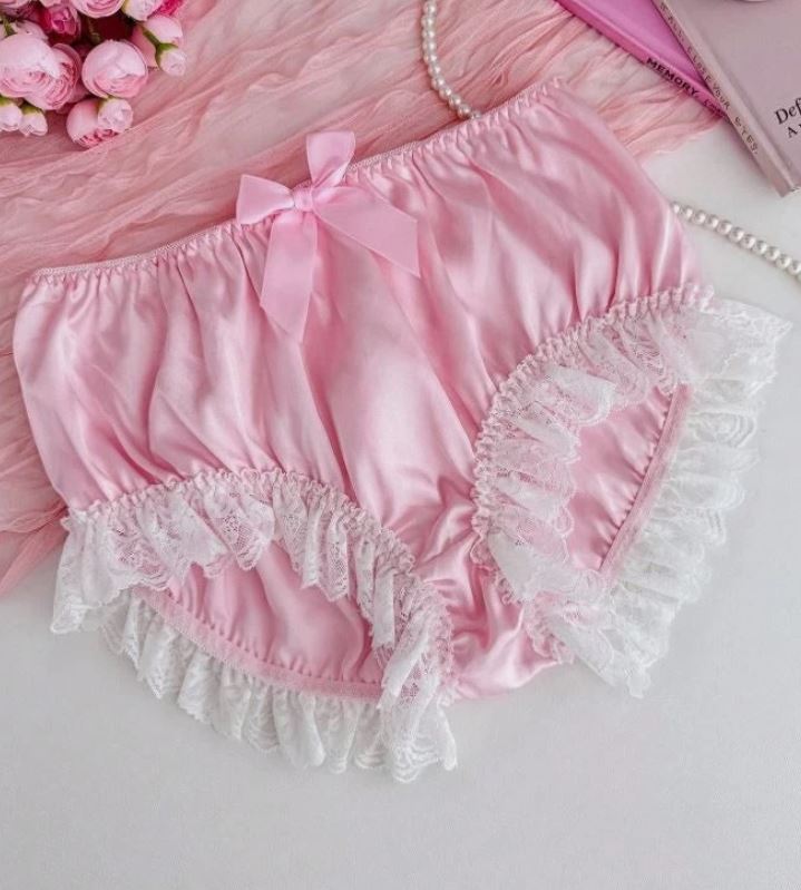 Pink Satin French Knickers Frilly White Lace Bow Briefs Panties size L 12-14