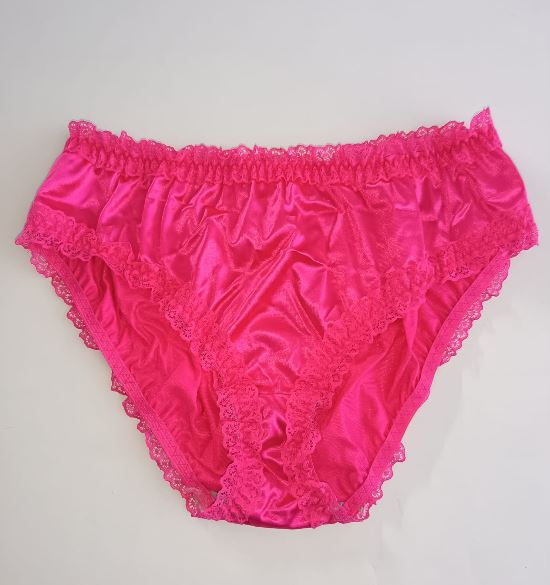 Hot Pink Satin Knickers Silky Lace Frilly High Cut Full Brief Panties size XL 16-18