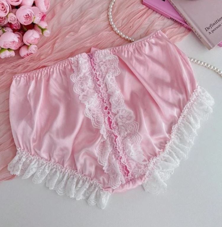 Pink Satin French Knickers Frilly White Lace Bow Briefs Panties size 8 S