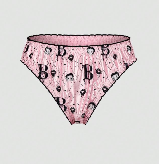 Pink Silky Satin Knickers Cartoon Print Frilly Panties Black Trim size L 12-14