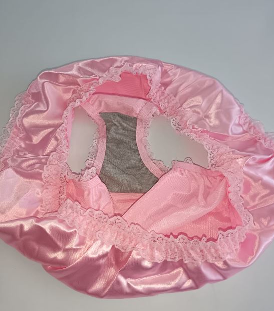 Pink Satin Knickers Silky Frilly Lace Full Brief Panties Shiny size L 12-14