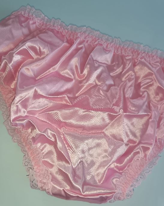 Pink Satin Knickers Silky Frilly Lace Full Brief Panties Shiny size S 8