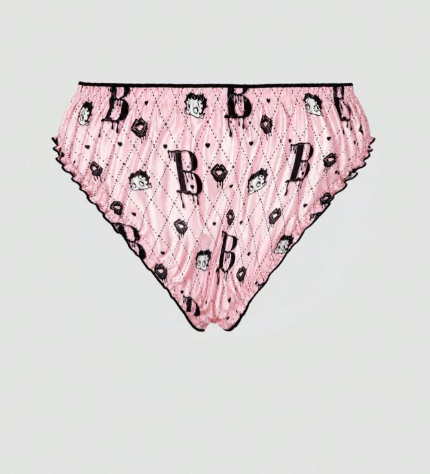 Pink Silky Satin Knickers Cartoon Print Frilly Panties Black Trim size L 12-14