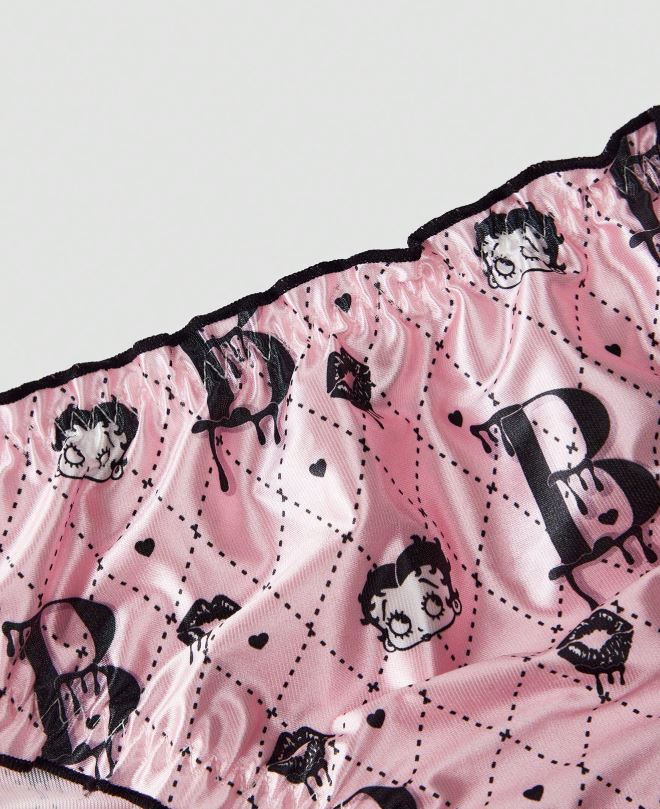 Pink Silky Satin Knickers Cartoon Print Frilly Panties Black Trim size M 10