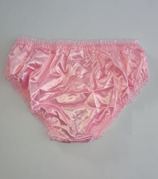 Pink Satin Knickers Silky Frilly Lace Full Brief Panties Shiny size L 12-14