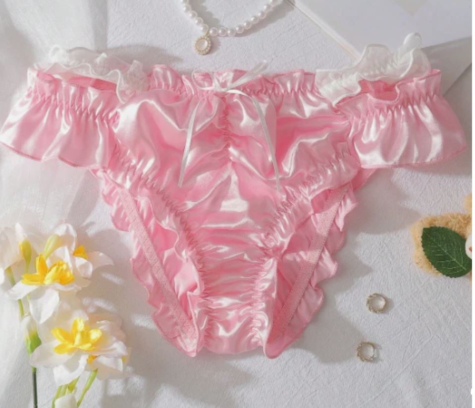 Pink Satin Knickers Frilly Ruffle Bow Silky Briefs Coquette Lingerie size S 8