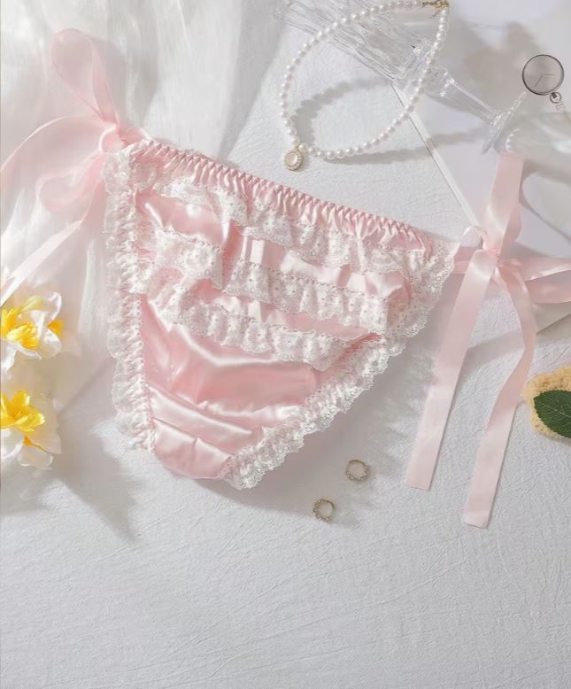 💖 Pink Satin Lace Knickers Side Tie Bow Frilly Briefs Women XL 16-18