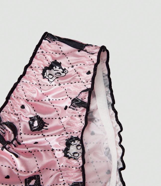 Pink Silky Satin Knickers Cartoon Print Frilly Panties Black Trim size M 10