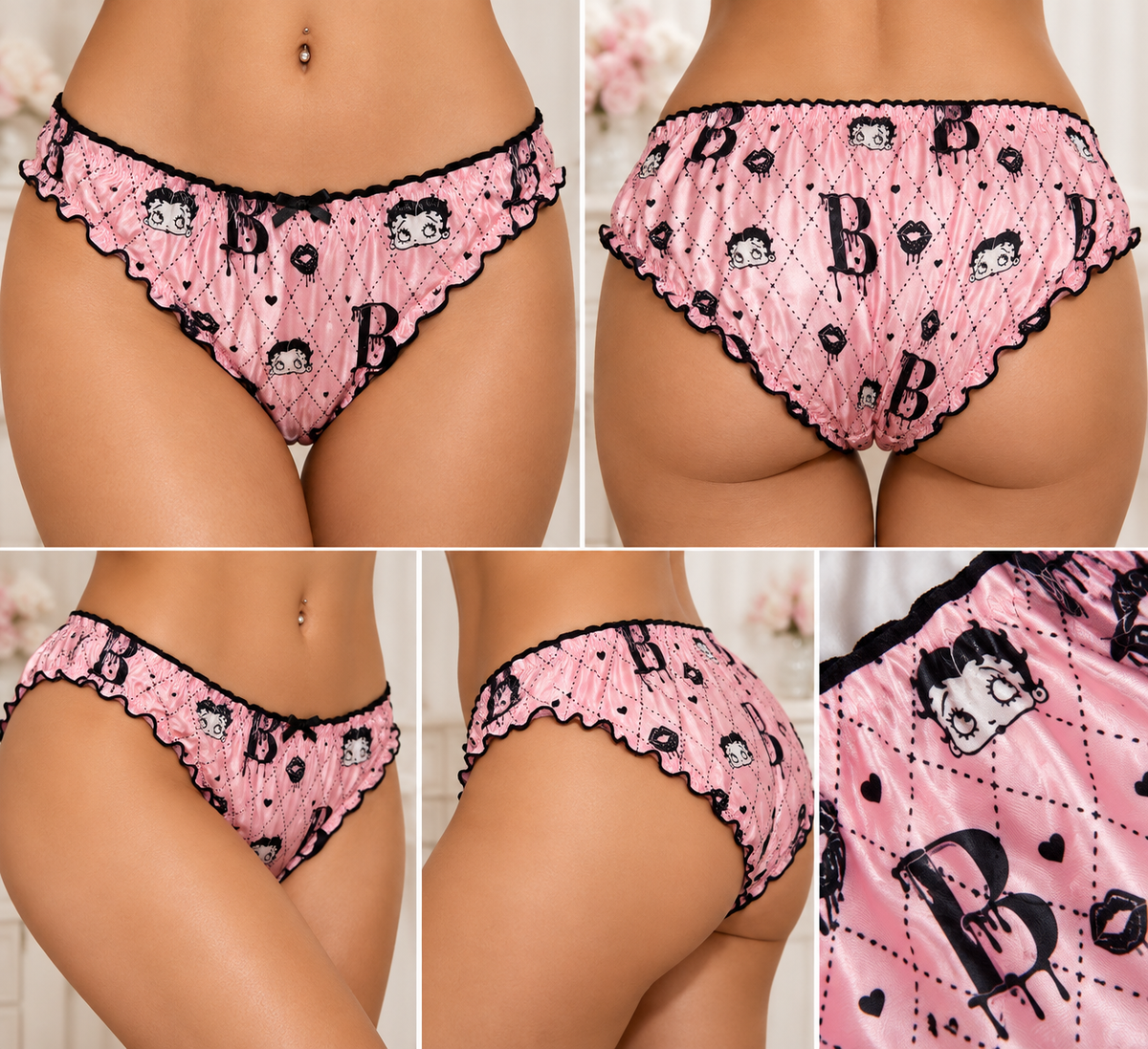 Pink Silky Satin Knickers Cartoon Print Frilly Panties Black Trim size L 12-14