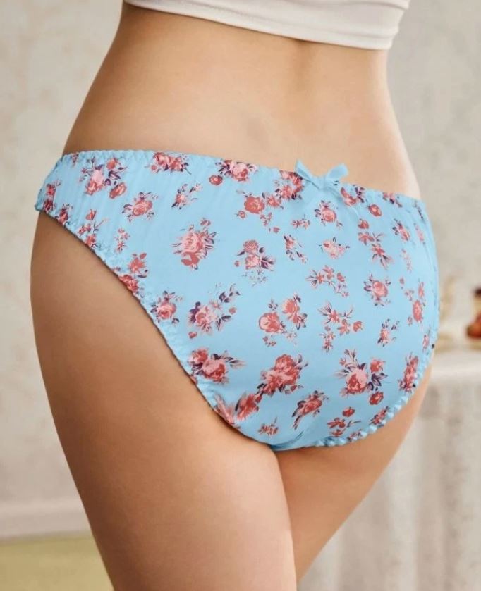 🌸 Women's Blue Floral Satin Style Knickers Panties Briefs Soft Stretch size 12-14 L 🌸