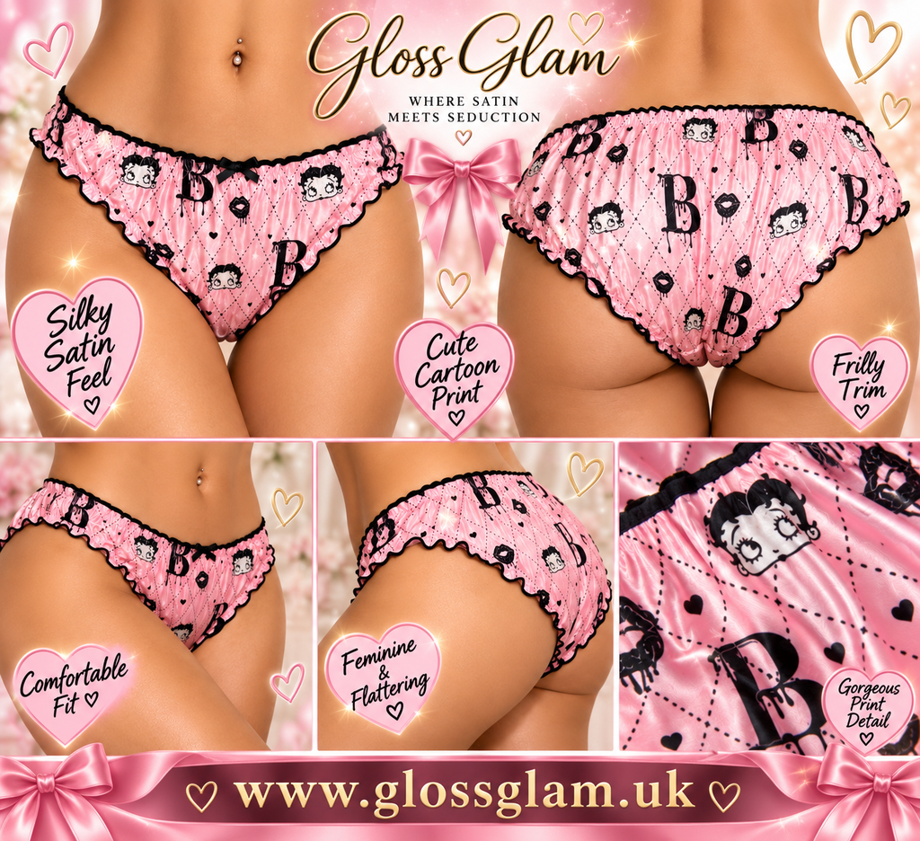 Pink Silky Satin Knickers Cartoon Print Frilly Panties Black Trim size M 10
