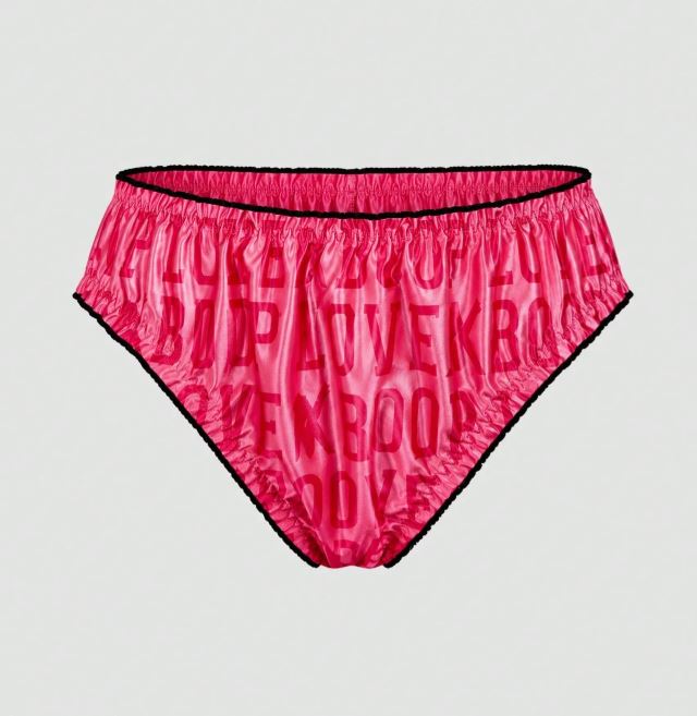 Pink Silky Satin Knickers Love Print Black Trim Glossy Panties size 8 S