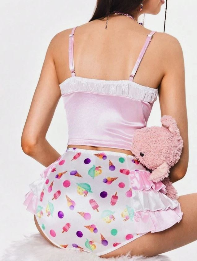 🧁 Ice Cream summer vibe Frilly Satin Panties silky knickers size 8 S