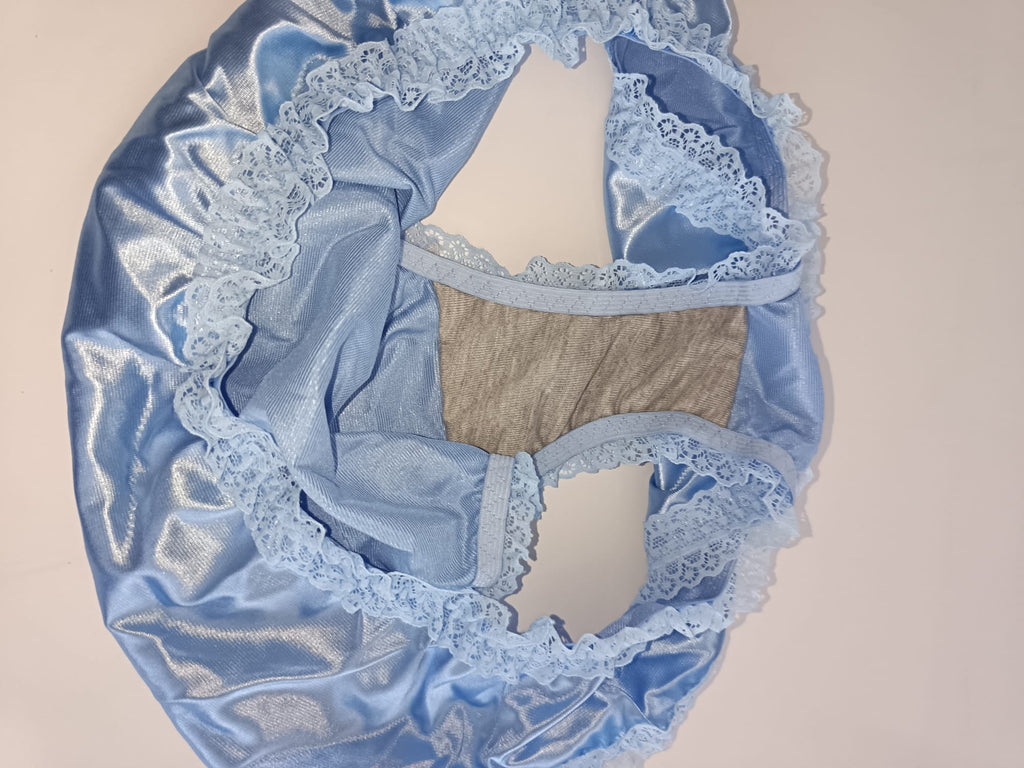 Baby Blue Satin Knickers Silky Frilly Lace Full Brief Panties size 8 S