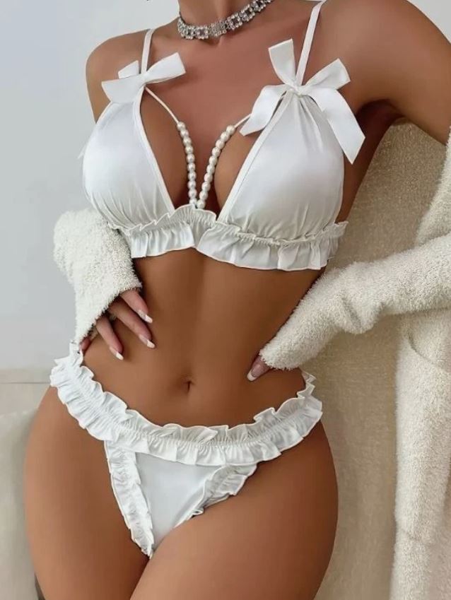 White Satin Lingerie Set Frilly Bra Thong Pearl Bow 2 Piece Underwear size M 10