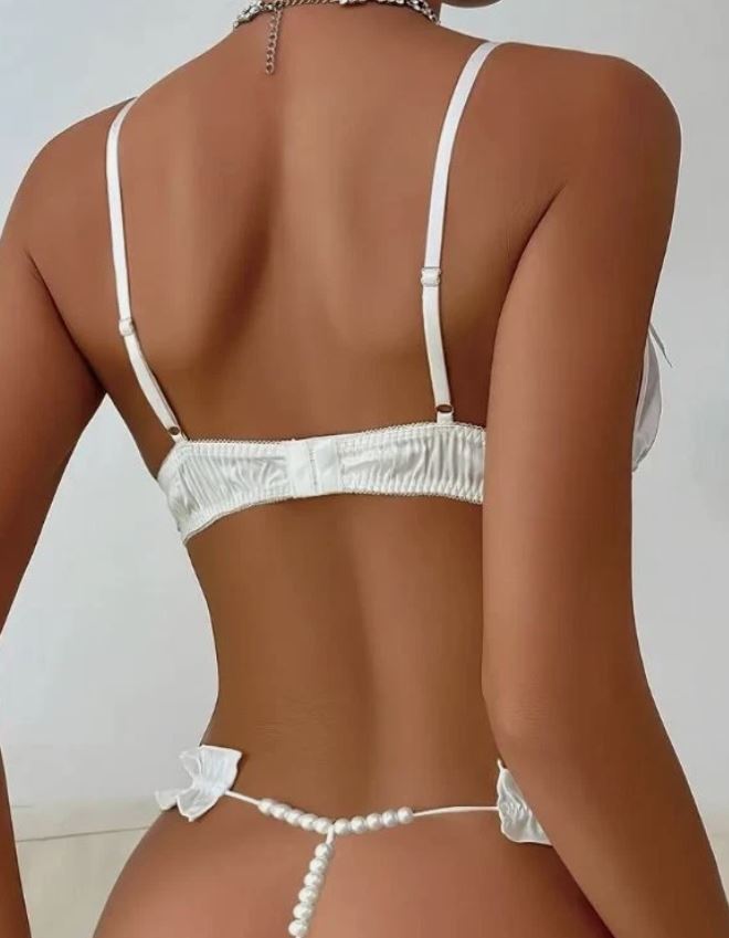 White Satin Lingerie Set Frilly Bra Thong Pearl Bow 2 Piece Underwear size S 8