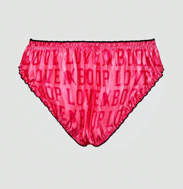 Pink Silky Satin Knickers Love Print Black Trim Glossy Panties size 10 M