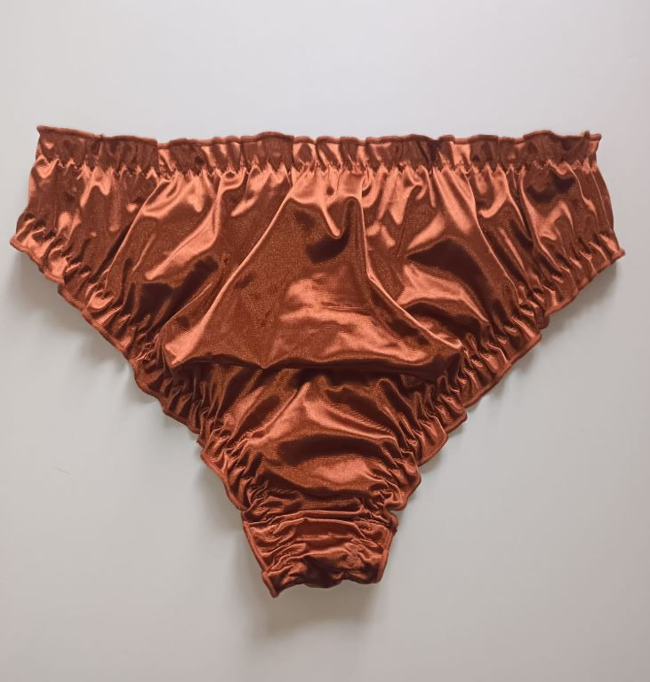 🌹 Copper Satin Mesh Frilly Knickers Panties Lace Bow Silky size XL 16-18