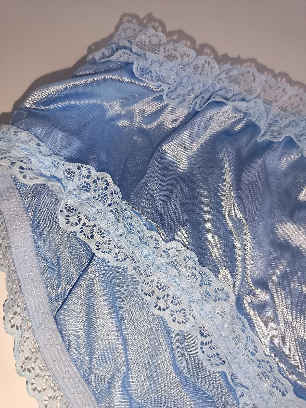 Baby Blue Satin Knickers Silky Frilly Lace Full Brief Panties size 8 S