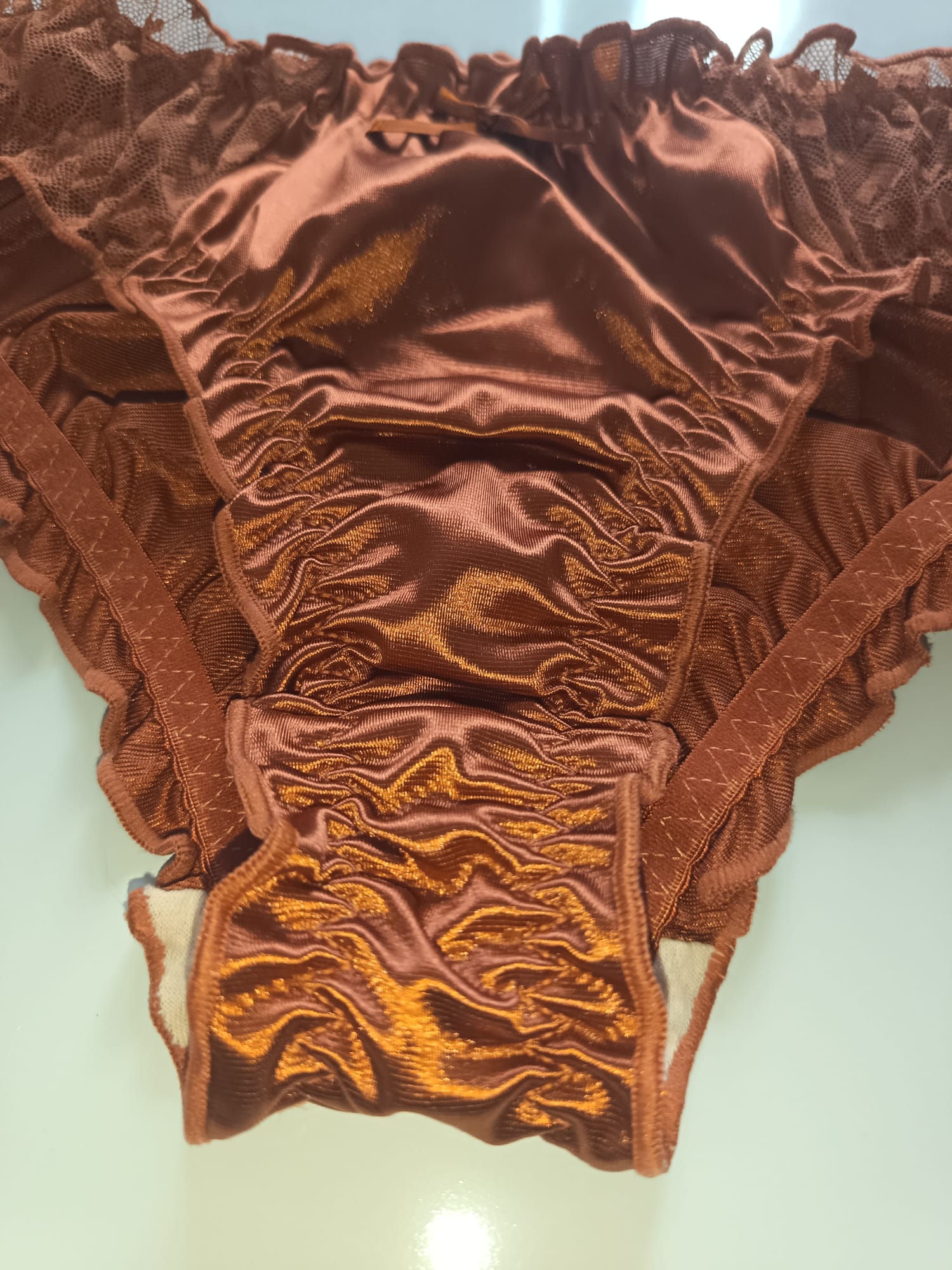 🌹 Copper Satin Mesh Frilly Knickers Panties Lace Bow Silky size XL 16-18