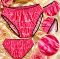 Pink Silky Satin Knickers Love Print Black Trim Glossy Panties size 10 M