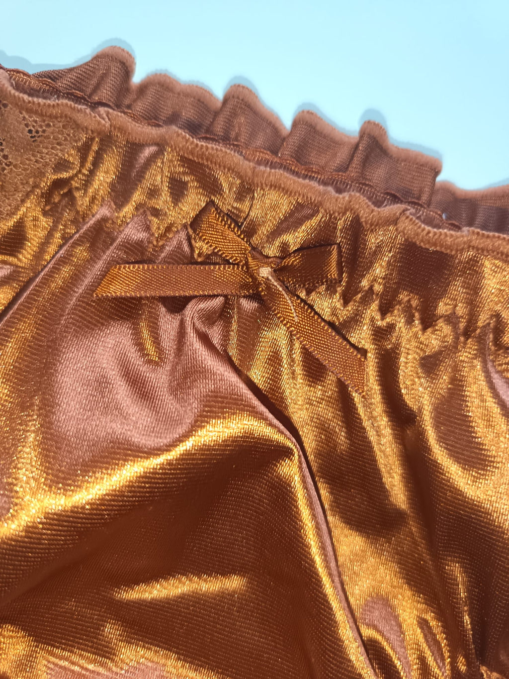 🌹 Copper Satin Mesh Frilly Knickers Panties Lace Bow Silky size XL 16-18